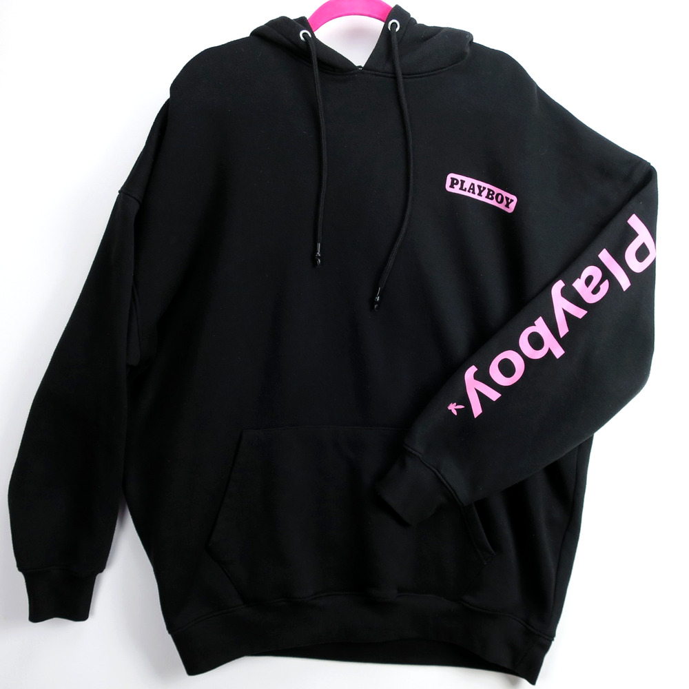 Playboy Bunny Hoodie Mens 2XL Black Graphic Pullover Streetwear Sweatshirt